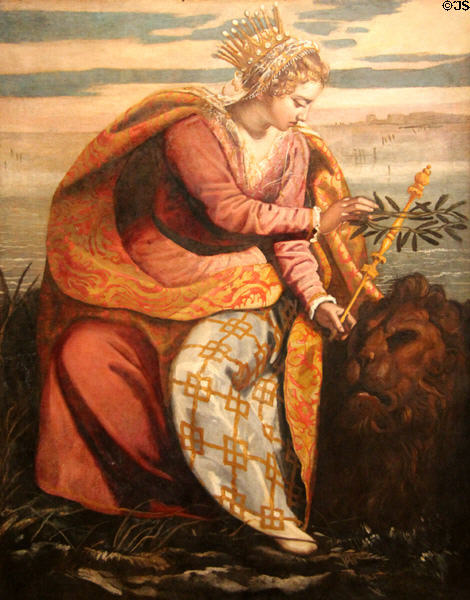 Venice, Queen of the Adriatic, Crowning Lion of St Mark painting (c1595-9) by Domenico Tintoretto at National Gallery of Ireland. Dublin, Ireland.
