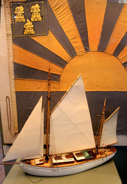 Model of sailing ship Asgard used to run guns from Germany to Ireland in 1914 at Kilmainham Gaol Museum. Dublin, Ireland.