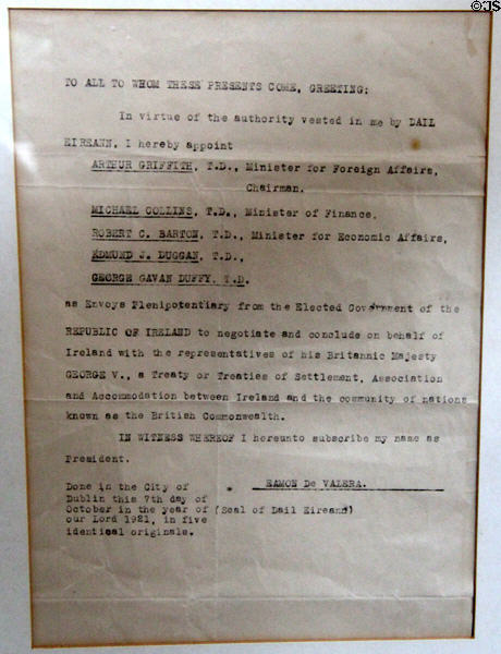 One of five original letters of accreditation of Dáil Plenipotentiaries (English translation) signed Oct. 7, 1921 by Eamon de Valera under which Michael Collins, et al were authorized to negotiate Anglo-Irish Treaty creating Irish Free State at Little Museum of Dublin. Dublin, Ireland.