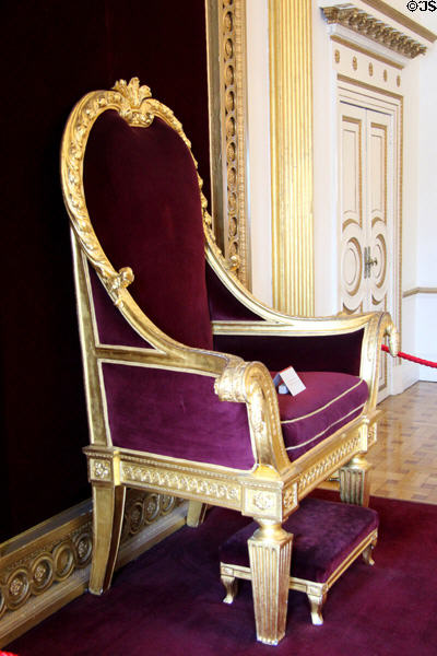 Throne built for visit of King George IV to Ireland (1821) with footstool added for shorter Queen Victoria at Dublin Castle. Dublin, Ireland.