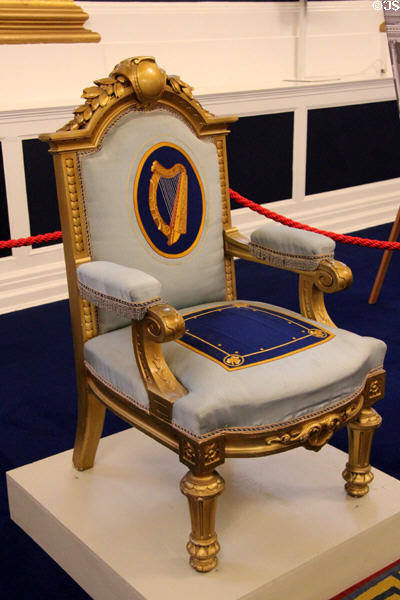 Ireland's Presidential inauguration chair (c1849) first used as a royal throne by Queen Victoria in St Patrick's Hall at Dublin Castle. Dublin, Ireland.