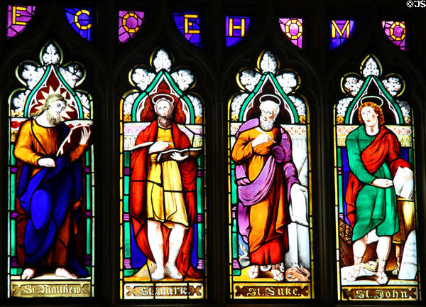 Evangelists stained glass window in Chapel Royal at Dublin Castle. Dublin, Ireland.