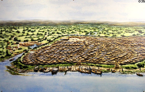 Reconstructed drawing of Viking town of Dublin (c1000) at Dublin Castle. Dublin, Ireland.