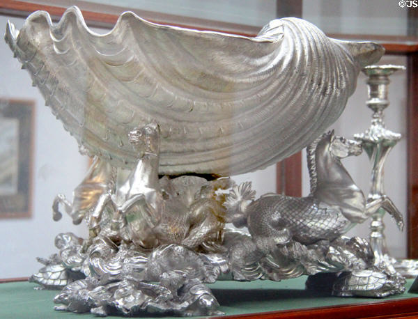 Silver centerpiece bowl resting on three sea-horses (1824) by John Flaxman for Rundell, Bridge & Rundell of London at Russborough House. Ireland.
