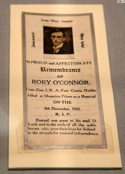 Remembrance leaflet (1922) for Rory O'Connor IRA commander at GPO Museum. Dublin, Ireland.