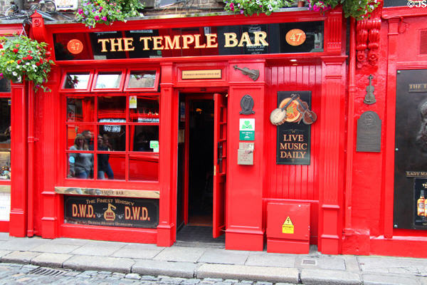 The Temple Bar red entrance door. Dublin, Ireland.