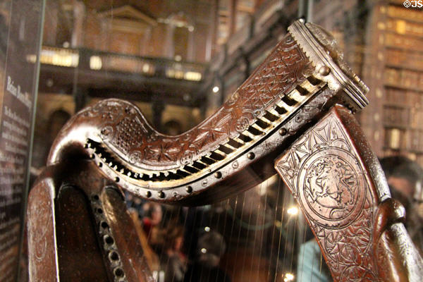 Detail of oldest known harp in Ireland (aka Brian Boru Harp) at Old Trinity Library. Dublin, Ireland.