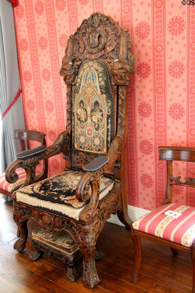 State Chair & foot stool presented to O'Connell in 1844 while he was a political prisoner to mark his 61st birthday, made by Patrick Beakey, carving done by Gaussen, & tapestry made by Gaussen's sister at Derrynane House. Ireland.