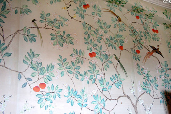 Chinese bedroom with hand painted Chinese wallpaper at Kilkenny Castle. Ireland.