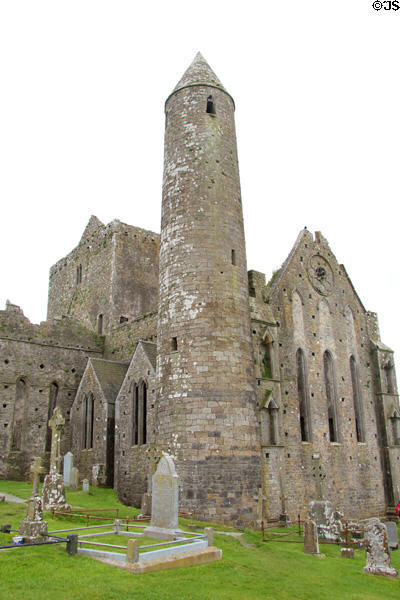 Round tower (12thC) on corner of cathedral at Rock of Cashel. Cashel, Ireland.