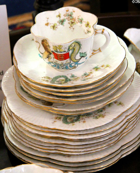 Porcelain teaset (c1904) by Wileman & Co. of Stoke-on-Trent printed with Waterford city crest at Bishop's Palace. Waterford, Ireland.