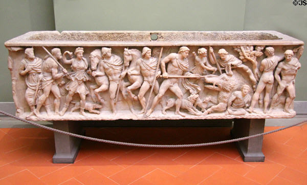 Roman sarcophagus with Calydonian Hunting Scene carving (200-230) at Uffizi Gallery. Florence, Italy.
