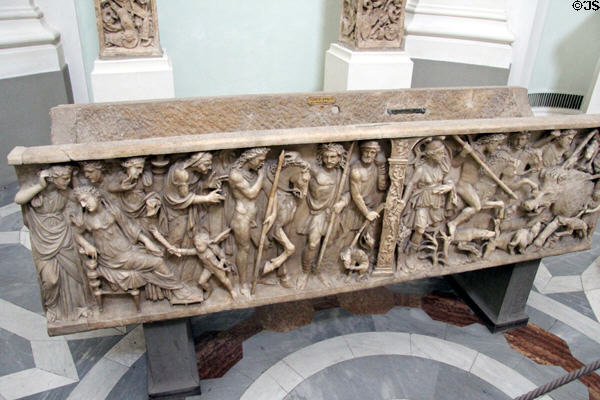 Roman sarcophagus with Phaedra & Hippolytus carving (3rd C) at Uffizi Gallery. Florence, Italy.