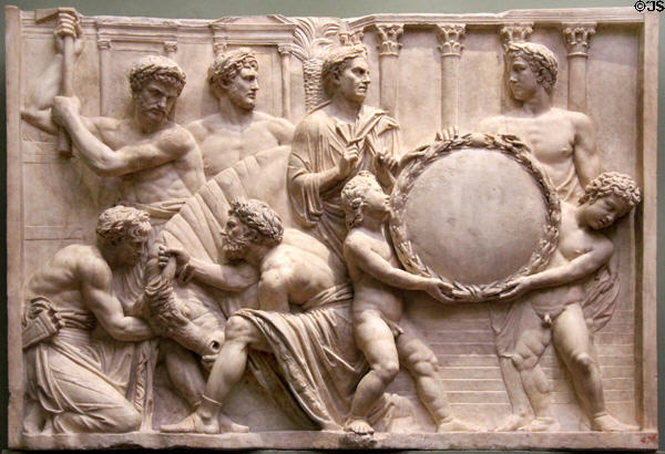 Roman relief carving with sacrificial scene (mid 2ndC) at Uffizi Gallery. Florence, Italy.
