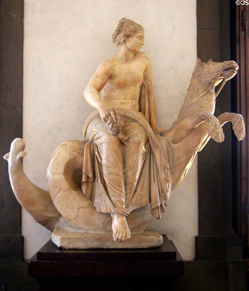Roman-era copy (1stC) of statue of Nereide on seahorse after Hellenistic original at Uffizi Gallery. Florence, Italy.