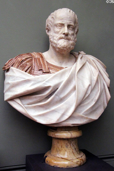 Roman-era portrait bust of Aristotle (2ndC) at Uffizi Gallery. Florence, Italy.