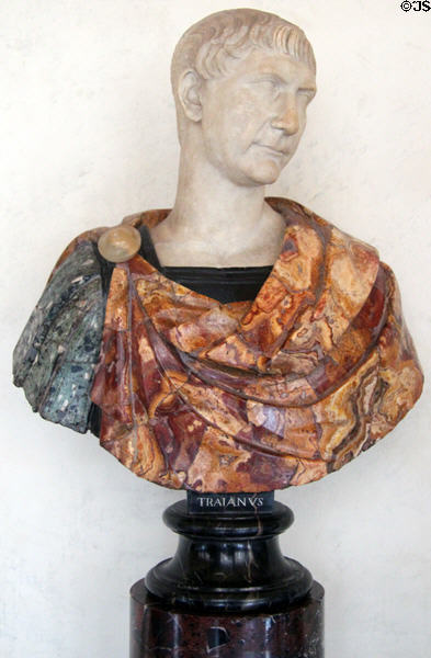 Roman emperor Trajan (98-117) marble bust (early 2ndC) at Uffizi Gallery. Florence, Italy.