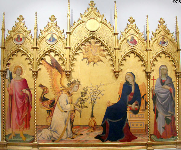 Annunciation with St Ansanus & St Maxima painting (1333) by Simone Martini & Lippo Memmi at Uffizi Gallery. Florence, Italy.