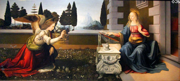 Annunciation painting (c1472) by Leonardo da Vinci at Uffizi Gallery. Florence, Italy.