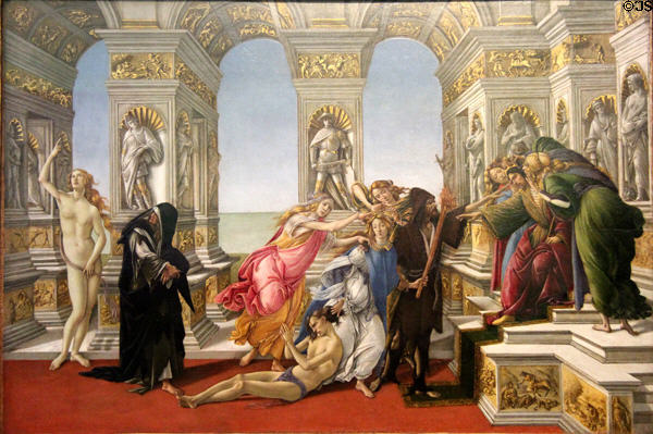 Calumny of Apelles painting (1494-5) by Sandro Botticelli at Uffizi Gallery. Florence, Italy.
