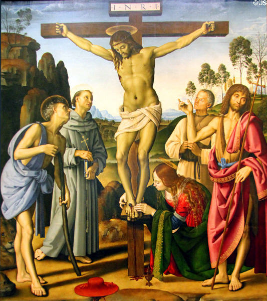 Crucifixion with St Jerome, St Francis, St Mary Magdalene, Blessed Giovanni Colombini & St John the Baptist painting (c1492) by Il Perugino (aka Pietro Vannucci) at Uffizi Gallery. Florence, Italy.