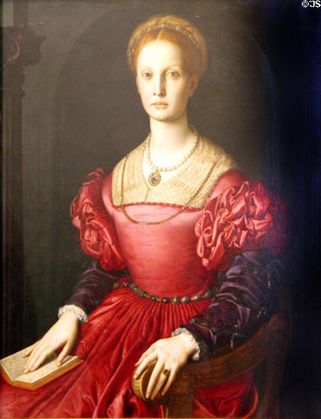 Portrait of Lucrezia Panciantichi (1540-1) by Bronzino at Uffizi Gallery. Florence, Italy.