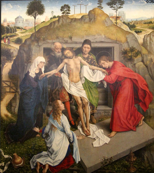 Deposition of Christ in Tomb with Mary, Nicodemus, Joseph of Arimathea & St John the Evangelist painting (c1460) by Rogier van der Weyden at Uffizi Gallery. Florence, Italy.