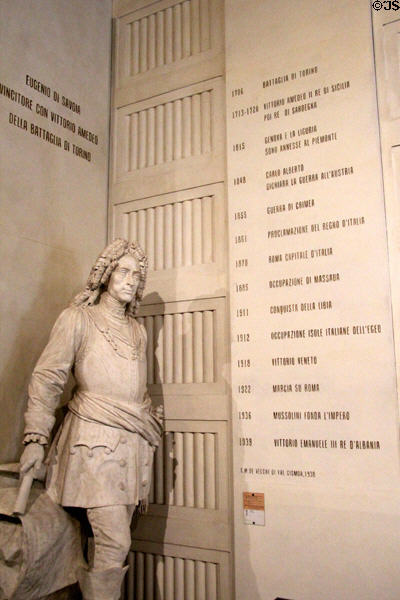 Engraved timeline of Italian history 1706-1939 with statue of Eugenio di Savoia at Risorgimento Museum in Palazzo Carignano. Turin, Italy.