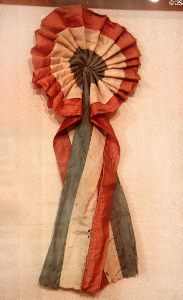 Cockade worn during attempted insurrection in Bologna (Nov. 13-14, 1974) preserved by Napoleon as first Italian tricolor at Risorgimento Museum. Turin, Italy.