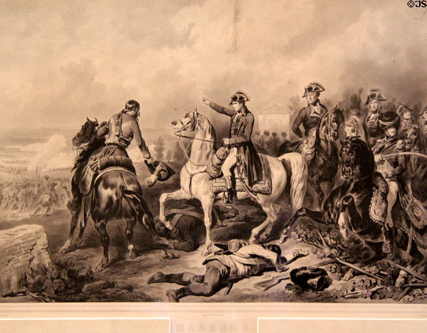 Decisive French victory of Napoleon over Italians at Marengo on June 14, 1800 graphic (before 1860) by J.L.H. Bellange at Risorgimento Museum. Turin, Italy.