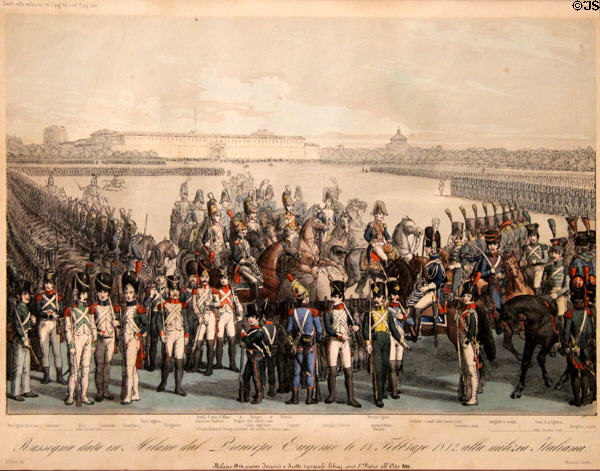 Mustering Italian militia on Feb. 18, 1812 during era of Kingdom of Italy graphic (1845) at Risorgimento Museum. Turin, Italy.