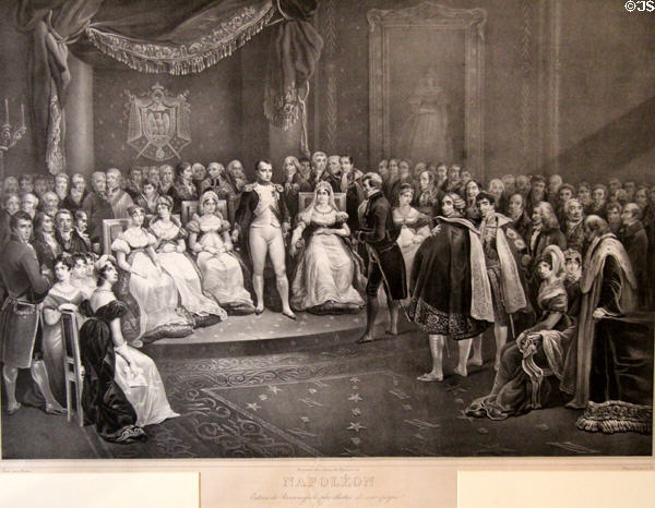 Italian King Napoleon & his court during era of Kingdom of Italy c1805-1814 graphic (1840) by D. Monten at Risorgimento Museum. Turin, Italy.
