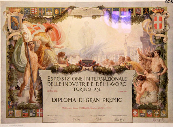 Diploma showing International Expo of Industry & Labor of Turin lithograph (1911) by G. Ceragioli at Risorgimento Museum. Turin, Italy.