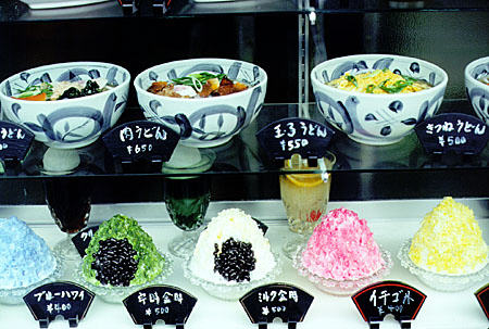 Meal replicas on display in a restaurant window in Tsuwano. Japan.