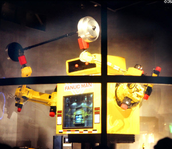 Fanuc Man robot lifting weights at Expo 85. Tsukuba, Japan.