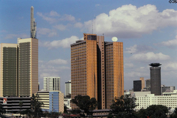 Highrises along Uhuru Park including round conference center in Nairobi. Kenya.