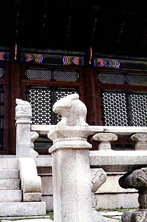 Railings of Ch'angdokkung Palace steps decorated with sculpted rabbits, Seoul. South Korea.