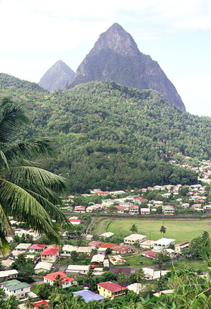 The Pitons and the town of Soufrière. St Lucia.