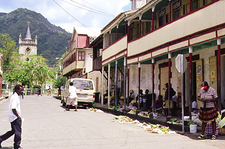 Looking up Clarke Street from the jetty to the church in Soufrière. St Lucia.