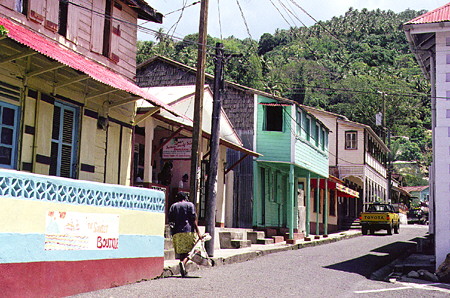 Porches along Bay Street in Soufrière. St Lucia.