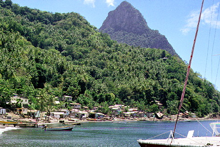 The harbor of Soufrière and the Petit Piton. St Lucia.