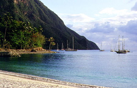 Gros Piton and yachts viewed from the Jalousie Hilton Resort near Soufrière. St Lucia.