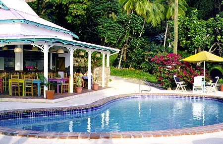 The pool and restaurant on the Stonefield Estate near Soufrière. St Lucia.