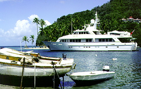 Boats on Marigot Bay, one of the best sheltered on the island. St Lucia.