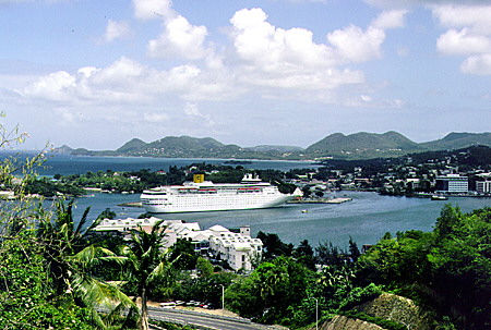 Cruise ship in Castries port seen from near La Toc. St Lucia.