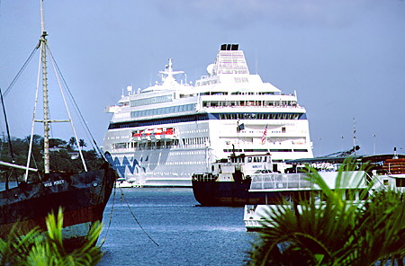 Cruise ship Aida in Castries port. St Lucia.