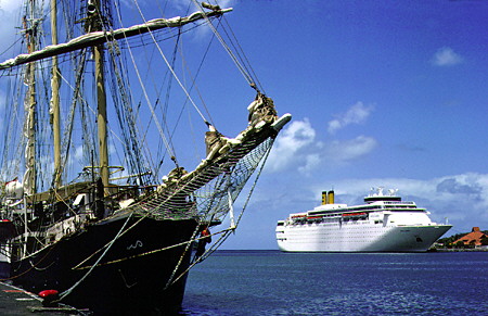 Castries Port with the Barquentine Atlantis and Costa Classica cruise ship. St Lucia.