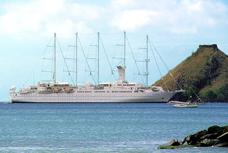 The five-masted cruise liner Windsurf sits off the Pigeon Island Lookout in Rodney Bay. St Lucia.