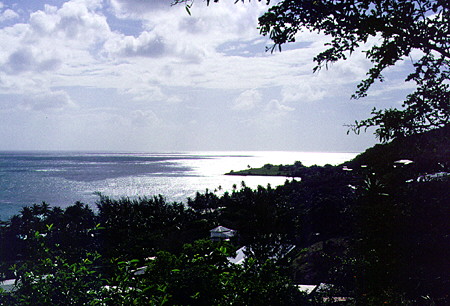 Sun glistens off the coastal waters near Laborie. St Lucia.