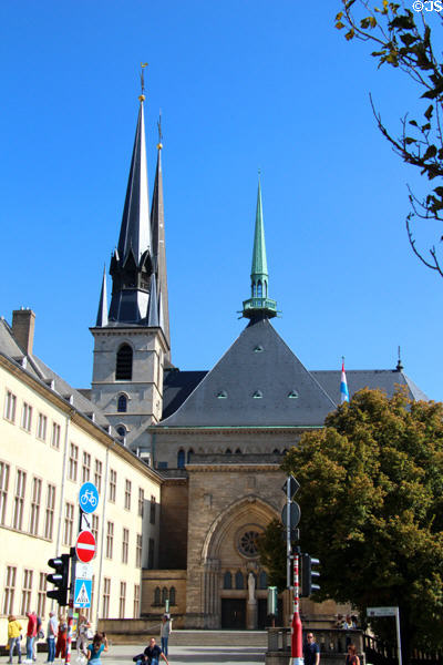 Cathedral of Our Lady, a former Jesuit Church (1621) with 20thC spires. Luxembourg, Luxembourg. Style: Late Gothic.